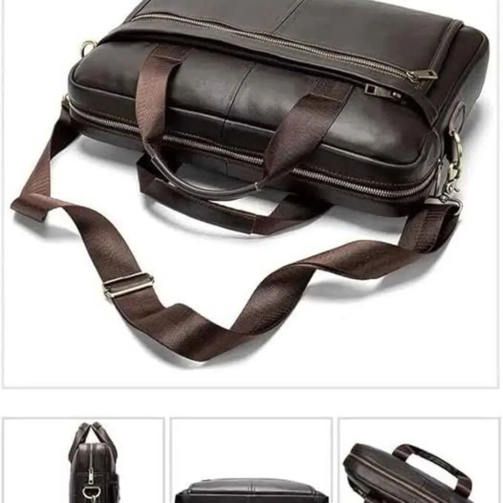 Men’s Genuine Leather Laptop Briefcase Messenger Bag – Black Business Work